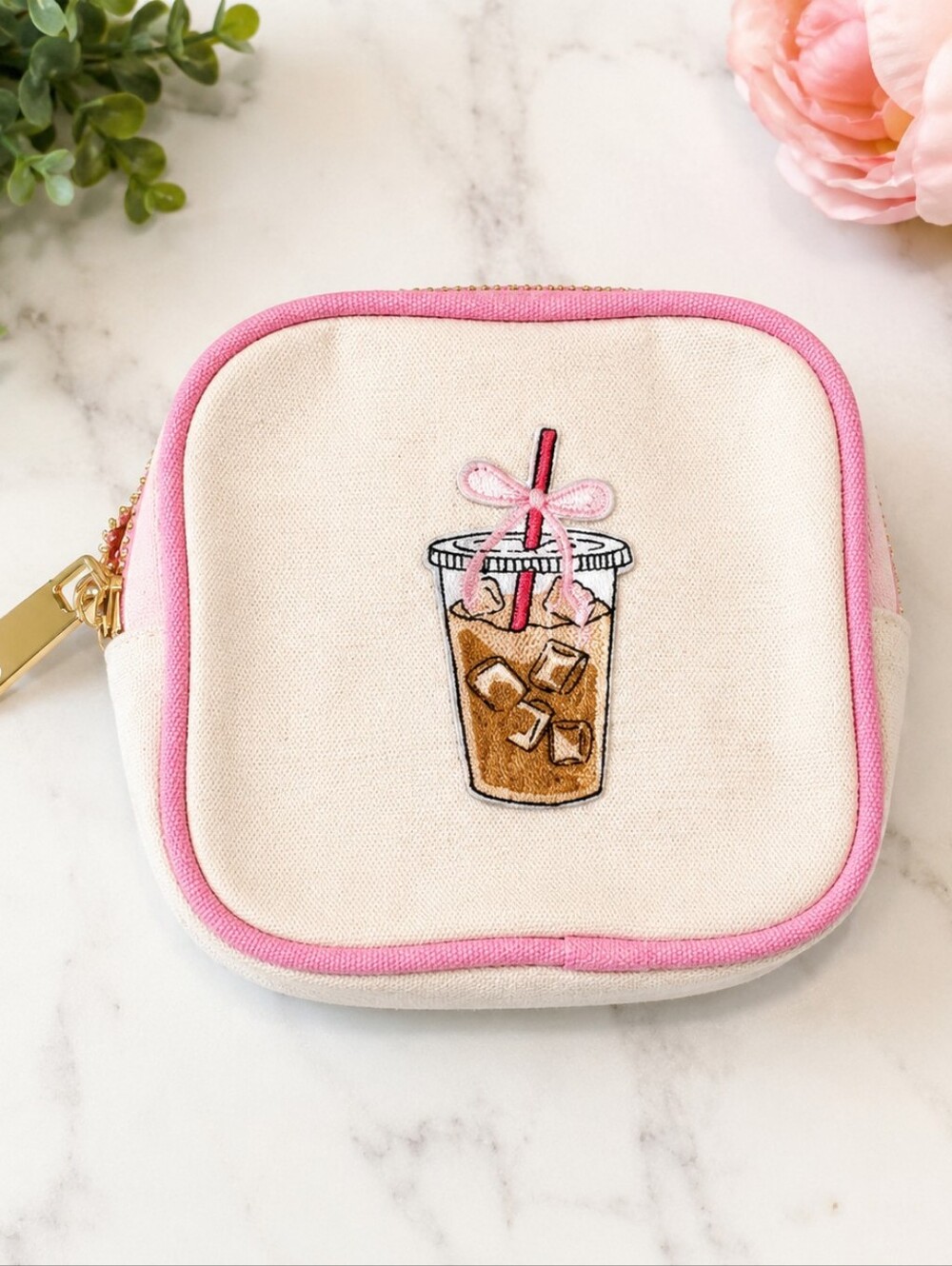 Handmade Cream Mini Pouch with Pink Trim and Iced Coffee Patch